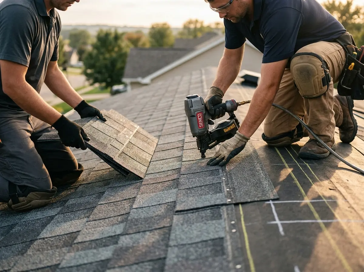 Professional roofer working on a residential roof in Richton Park